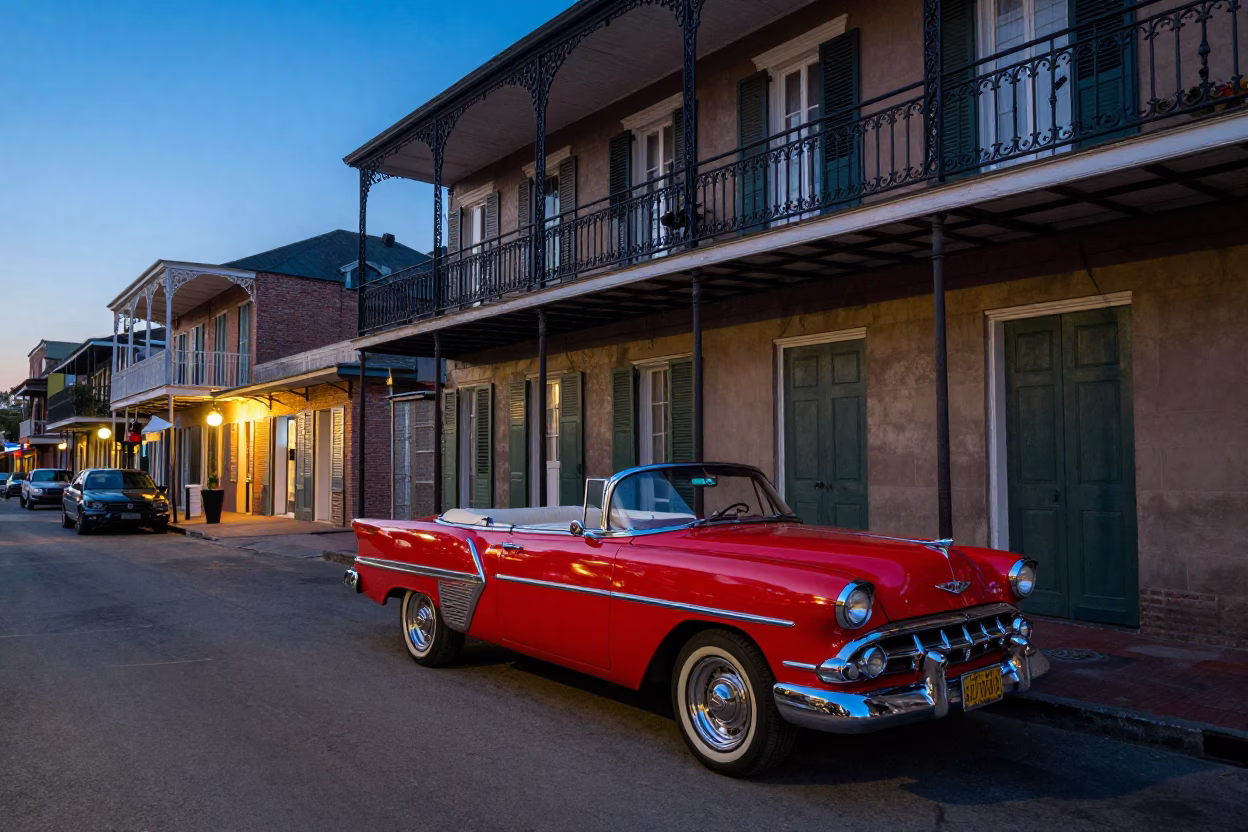 Blue Hour New Orleans Street Scene with Vintage Car and Iron Balconies in in New Orleans, Louisiana, United States