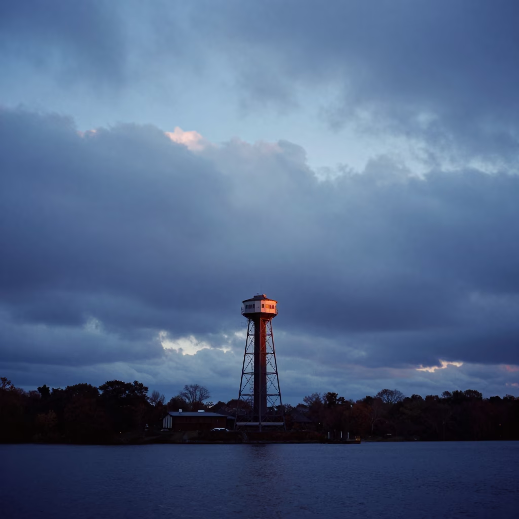 Blue Hour New York City Reservoir Intake Tower Under Low Clouds in in New York, New York, United States