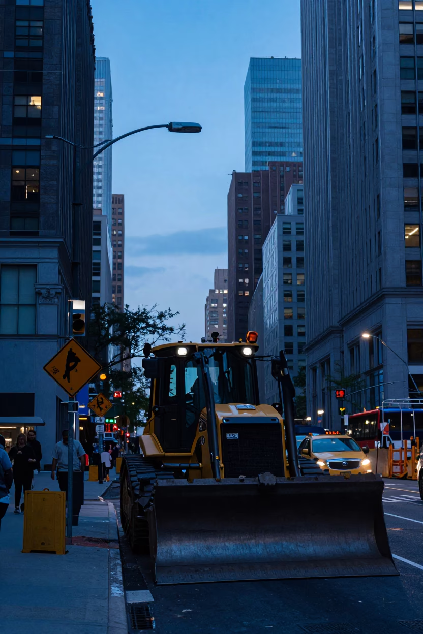 Blue Hour New York City Street Scene with Bulldozer and Construction Site in in New York, New York, United States