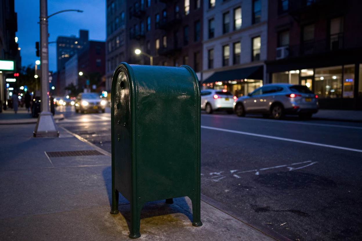 Blue Hour New York Street Scene with Mailbox and Urban Details in in New York, New York, United States