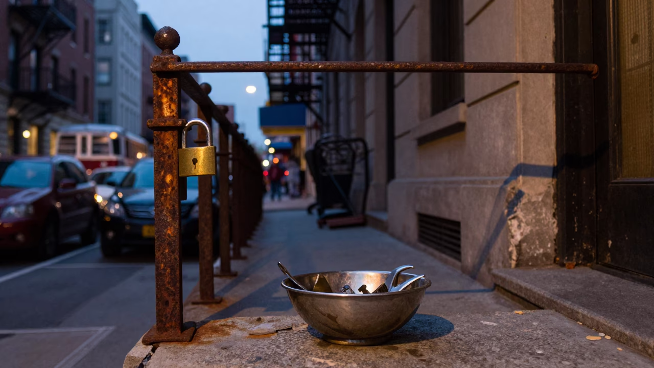 Blue Hour New York Street Scene with Padlock and Key Bowl on Fire Escape in in New York, New York, United States