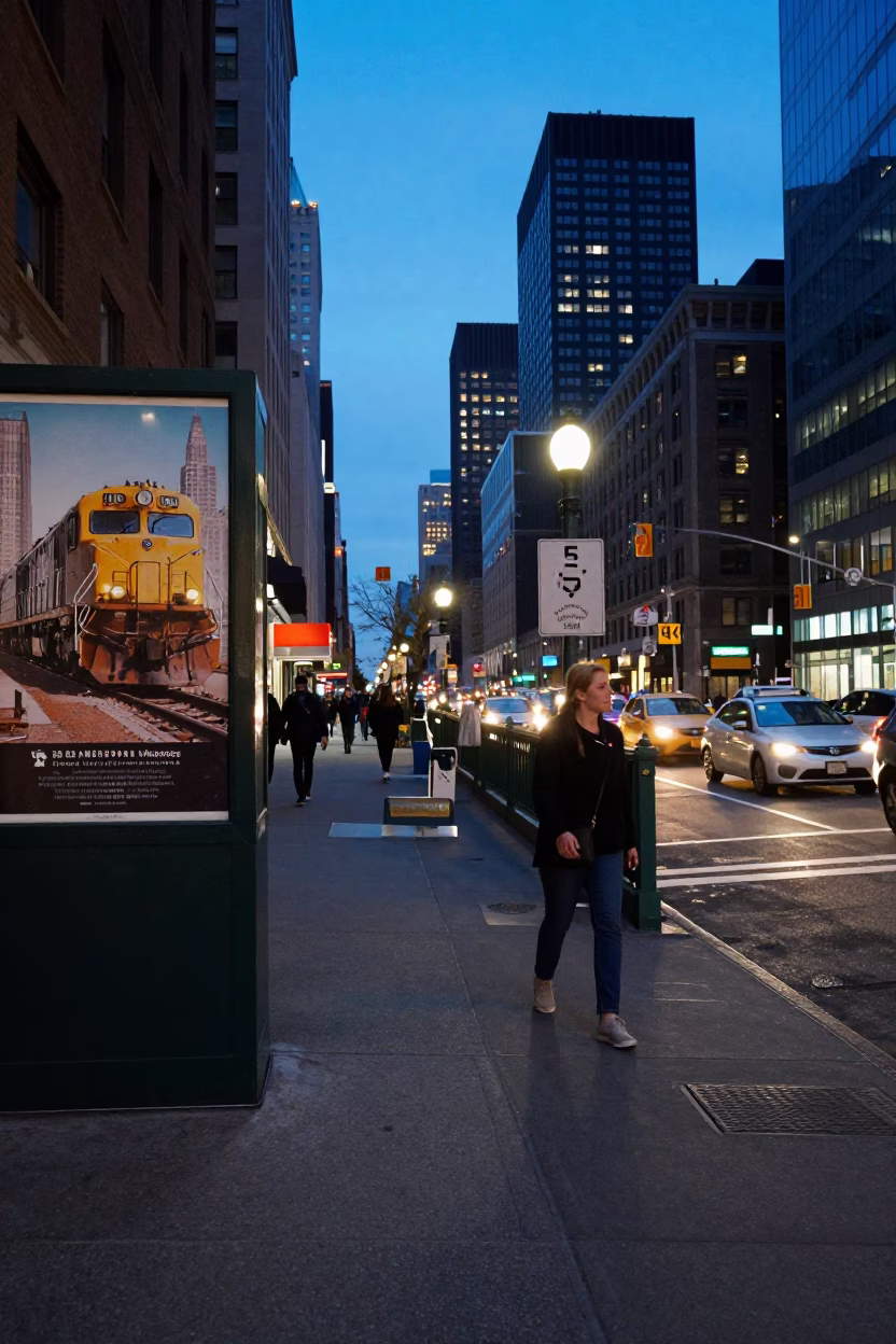Blue Hour New York Street Scene with Vintage Locomotive Poster and Cityscape in in New York, New York, United States