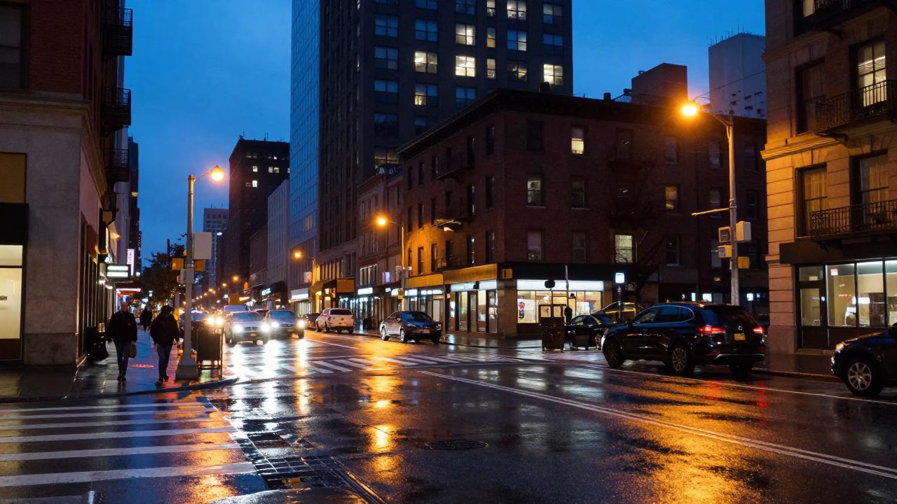 Blue Hour New York Street Scene with Wet Pavement and City Lights in in New York, New York, United States