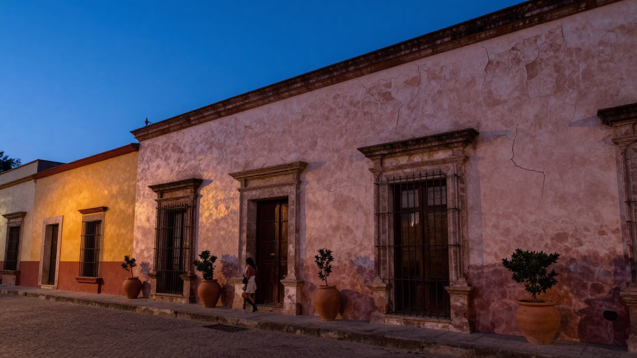 Blue Hour Oaxaca Mexico Street Scene with Cracked Stucco and Clay Pots in in Oaxaca, Mexico