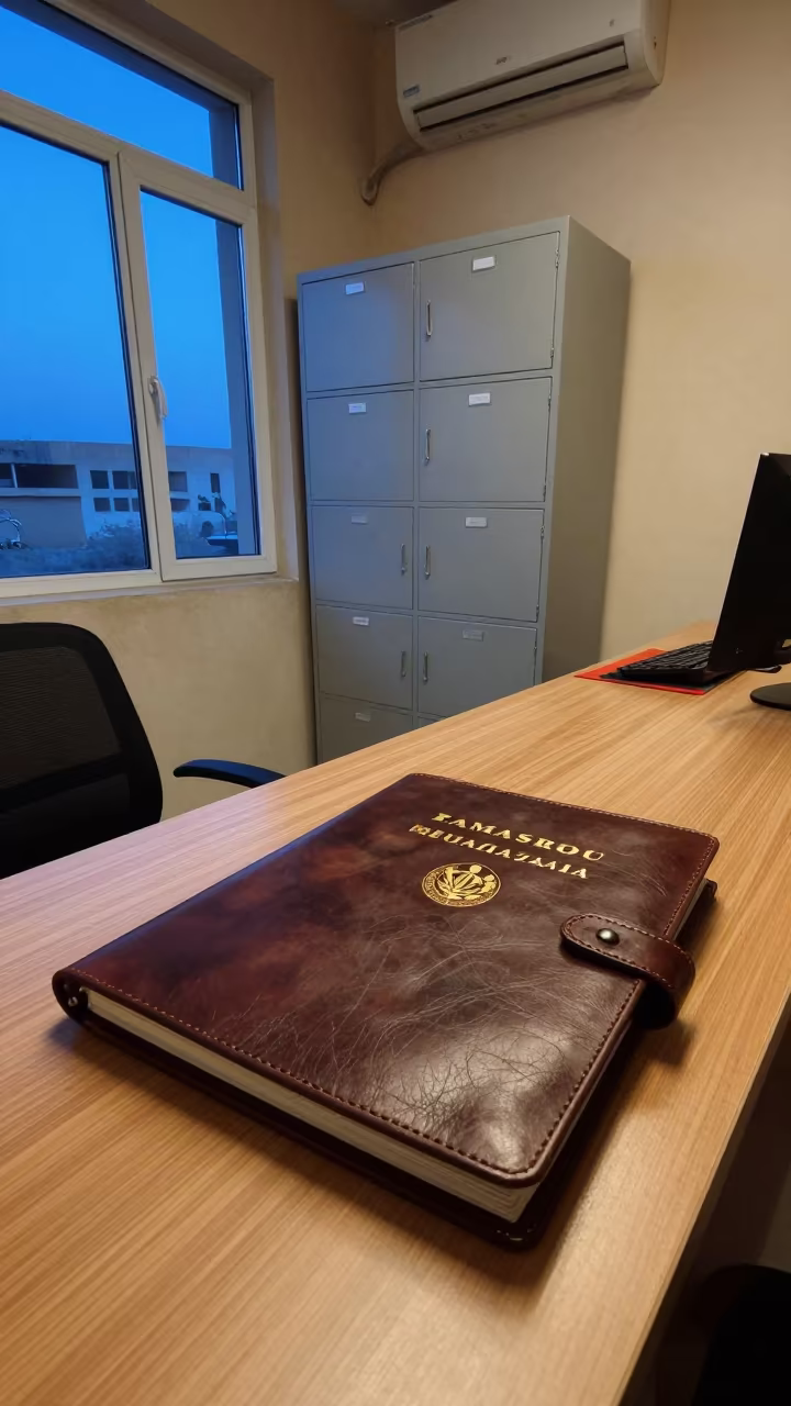 Blue Hour Office Binder on Ramadi Reception Desk in at a reception-side onboarding table in Ramadi