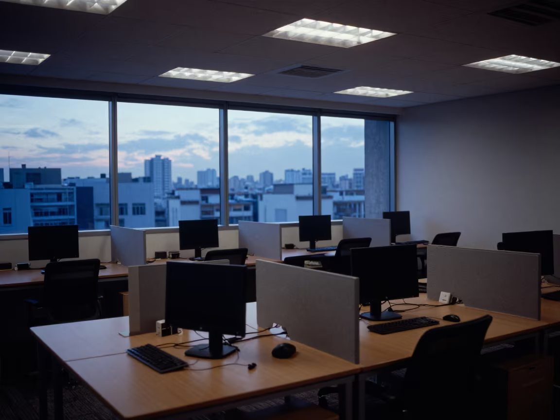 Blue Hour Office Ceiling Grid Over Quiet Keyboards in inside a conference room near São Paulo