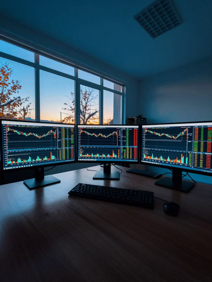 Blue Hour Office Desk Three Monitors Near Namangan in inside a conference room near Namangan