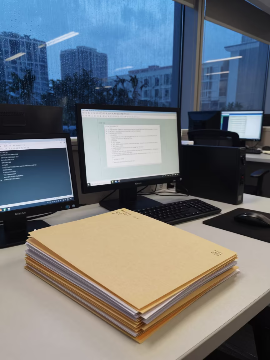 Blue Hour Office Folder in Guangzhou Operations Center in in an operations center under monitor glow in Haizhu, Guangzhou
