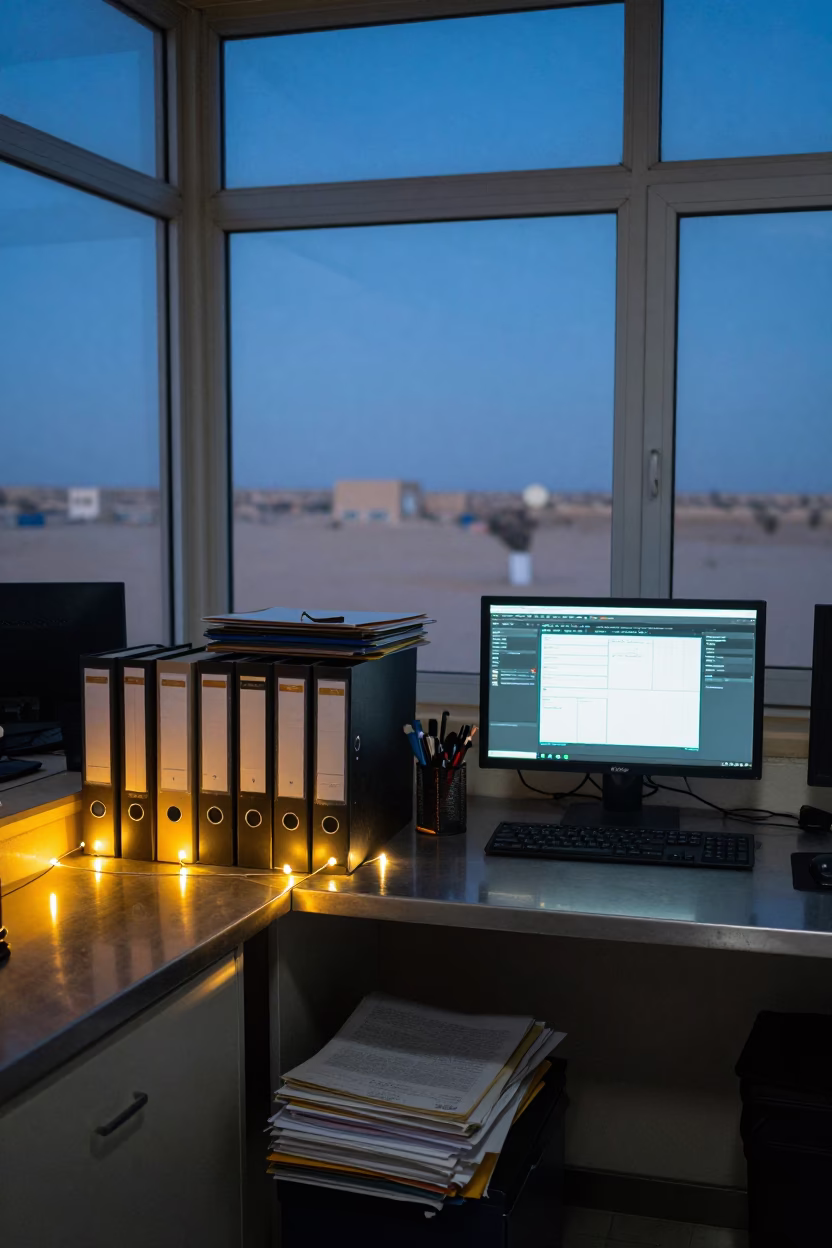 Blue Hour Office Kitchen with Binders Samawah in in an operations center under monitor glow near Samawah