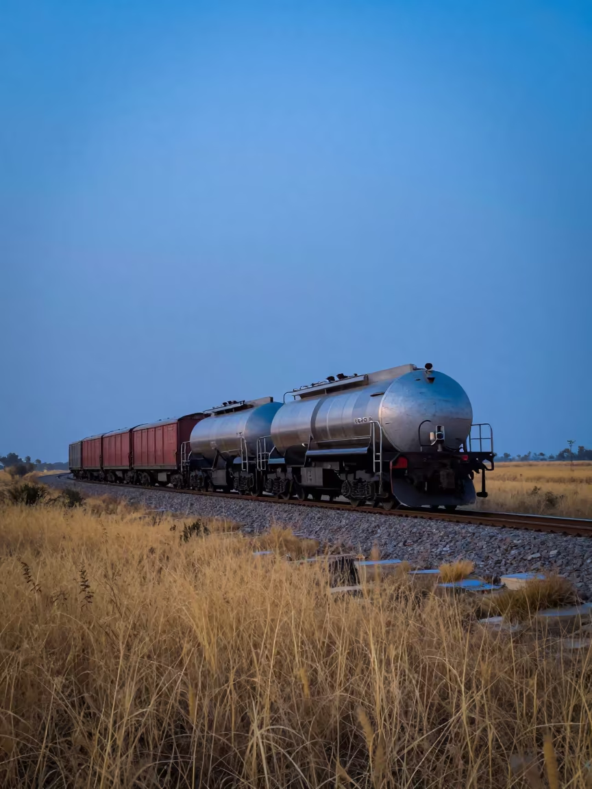 Blue Hour Oil Train Curving Pakistan Prairie in along a switchback approach in Pakistan