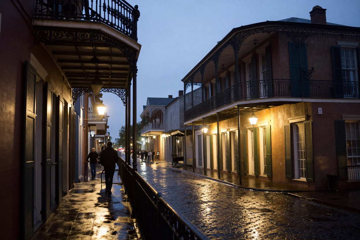 Blue Hour on Balcony Scene in New Orleans in in New Orleans, Louisiana, United States