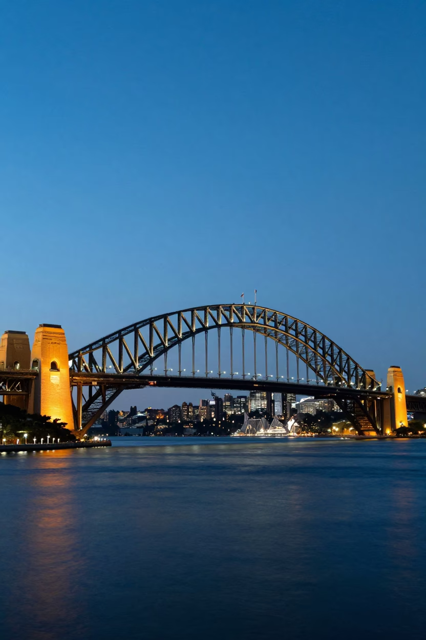 Blue Hour on Bridge Illuminated in Sydney in in Sydney, New South Wales, Australia