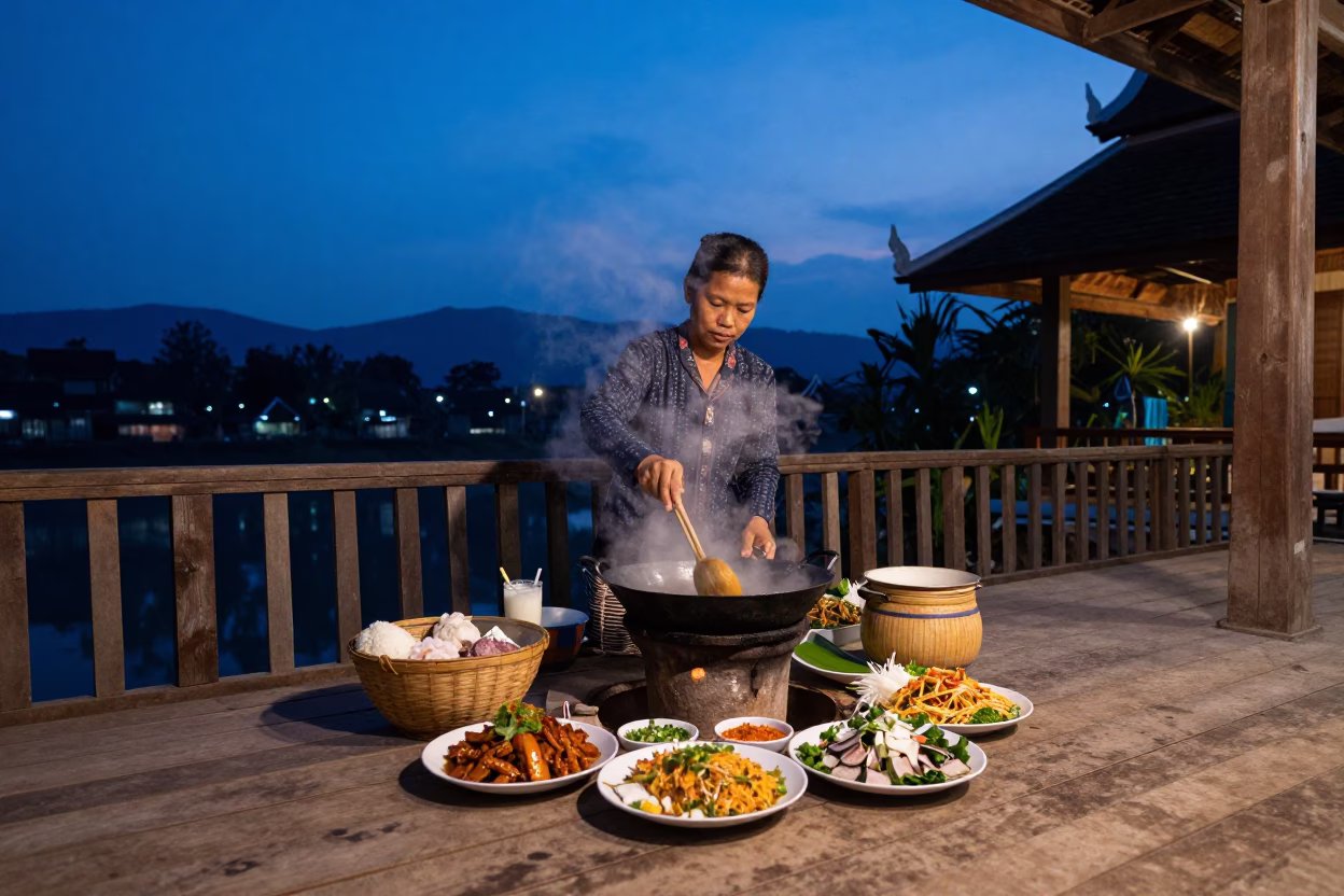 Blue Hour on Food Scene in Luang Prabang in in Luang Prabang, Laos