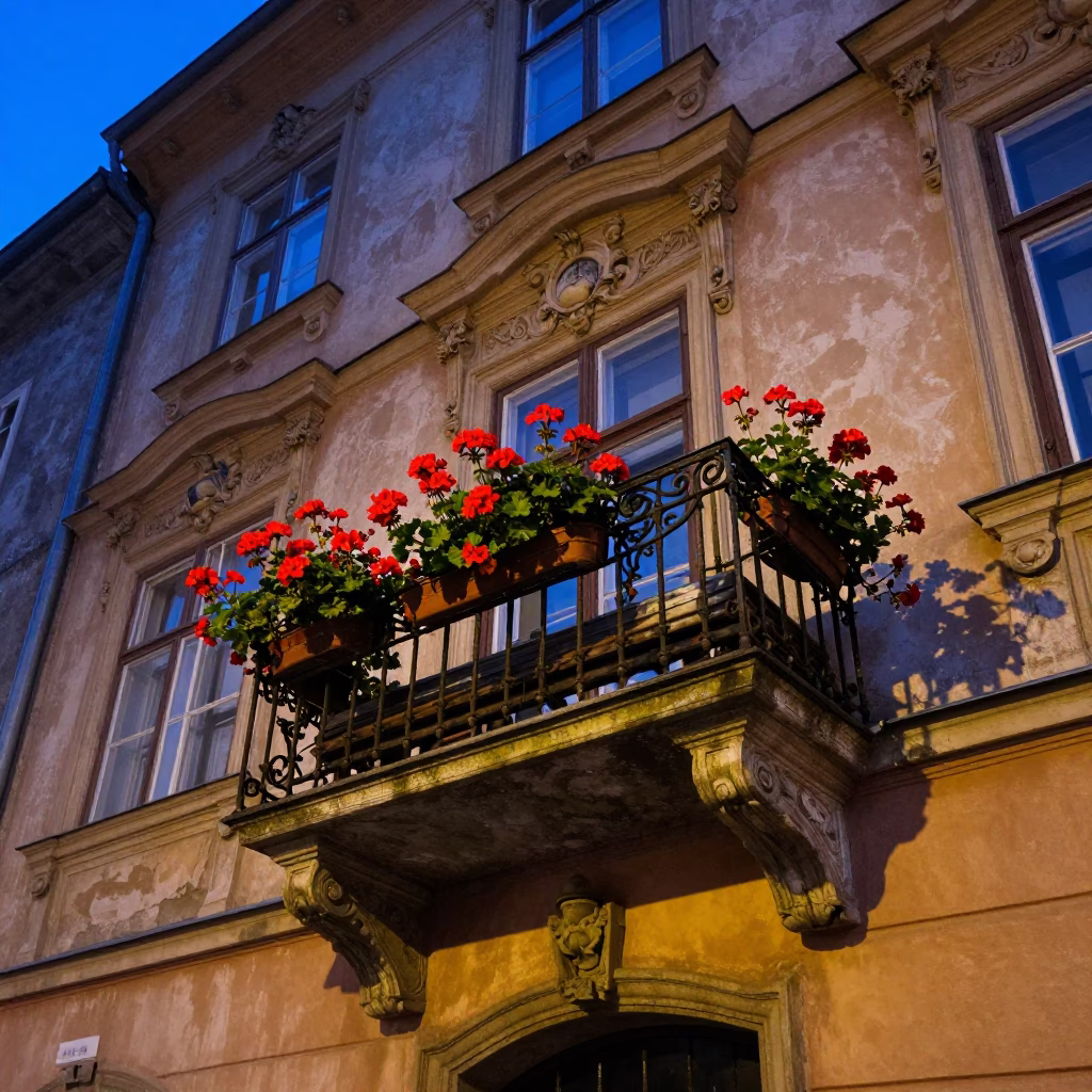 Blue Hour on Geraniums in in Vienna, Austria