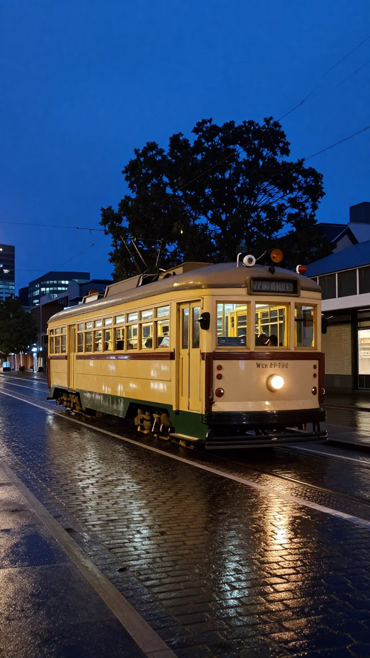 Blue Hour on Heritage Tram in Melbourne in in Melbourne, Victoria, Australia