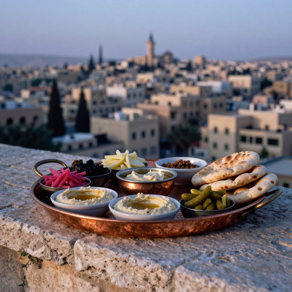 Blue Hour on Mezze Spread in Amman in in Amman, Jordan