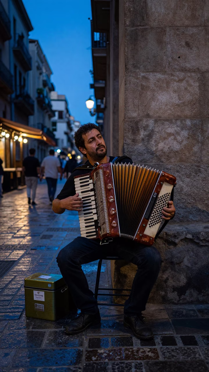 Blue Hour on Musician in in Barcelona, Spain