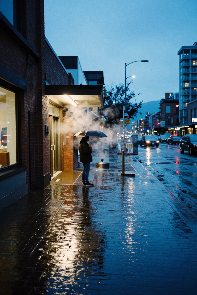 Blue Hour on Rain Reflections in Vancouver in in Vancouver, British Columbia, Canada