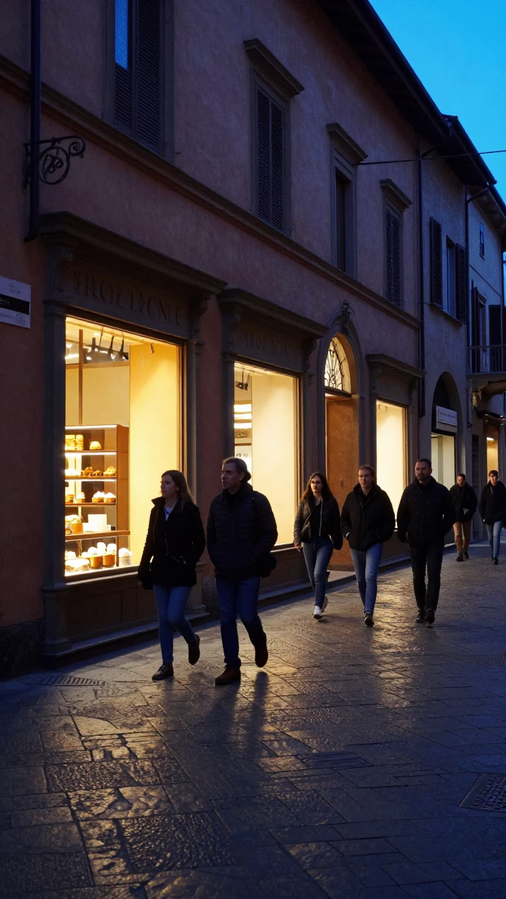 Blue Hour on Shop Windows in Bologna in in Bologna, Italy