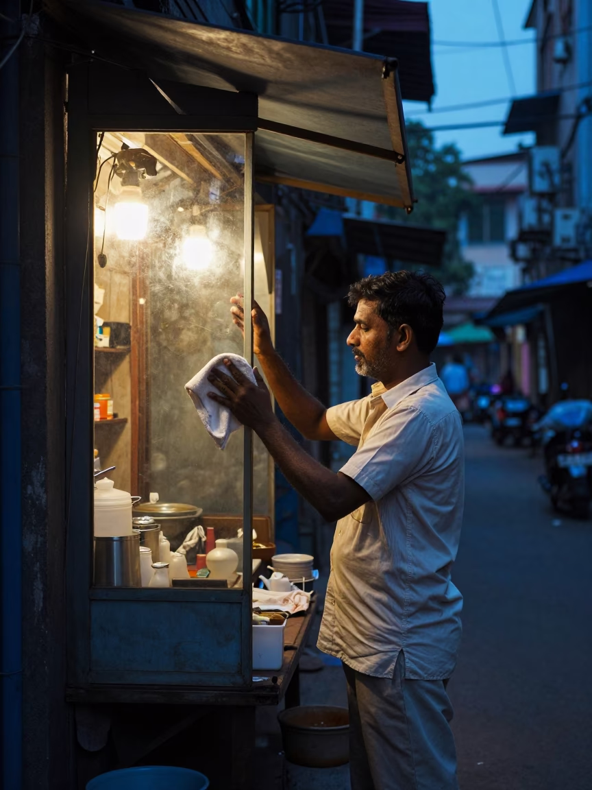 Blue Hour on Shopkeeper in in Kolkata, India