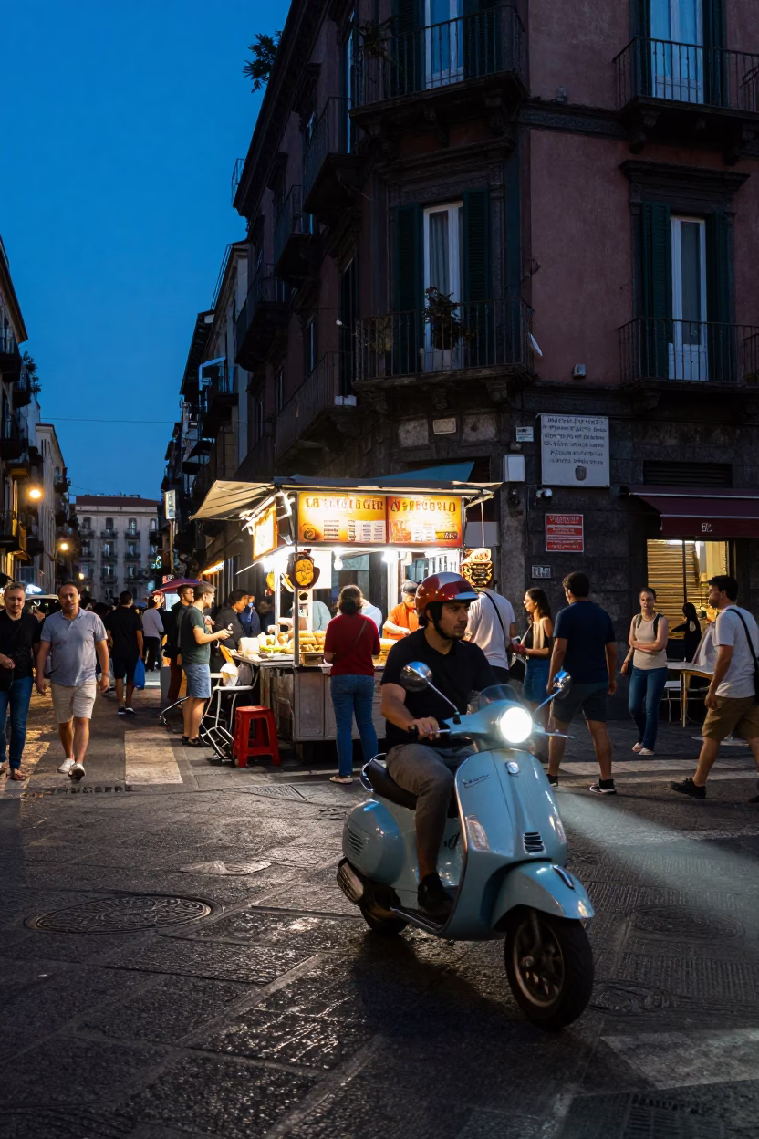Blue Hour on Street Food in Naples in in Naples, Italy