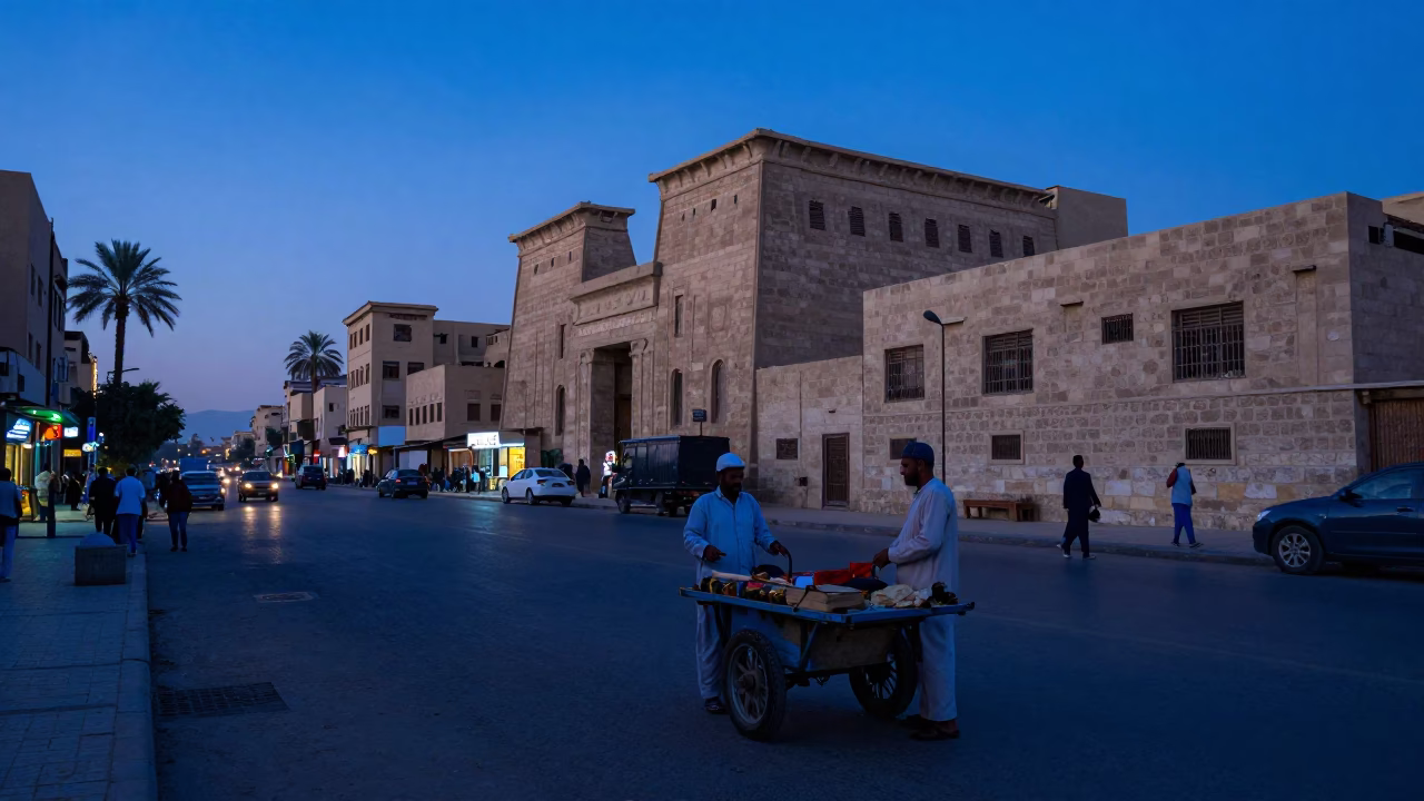 Blue Hour on Street Scene in Luxor in in Luxor, Egypt