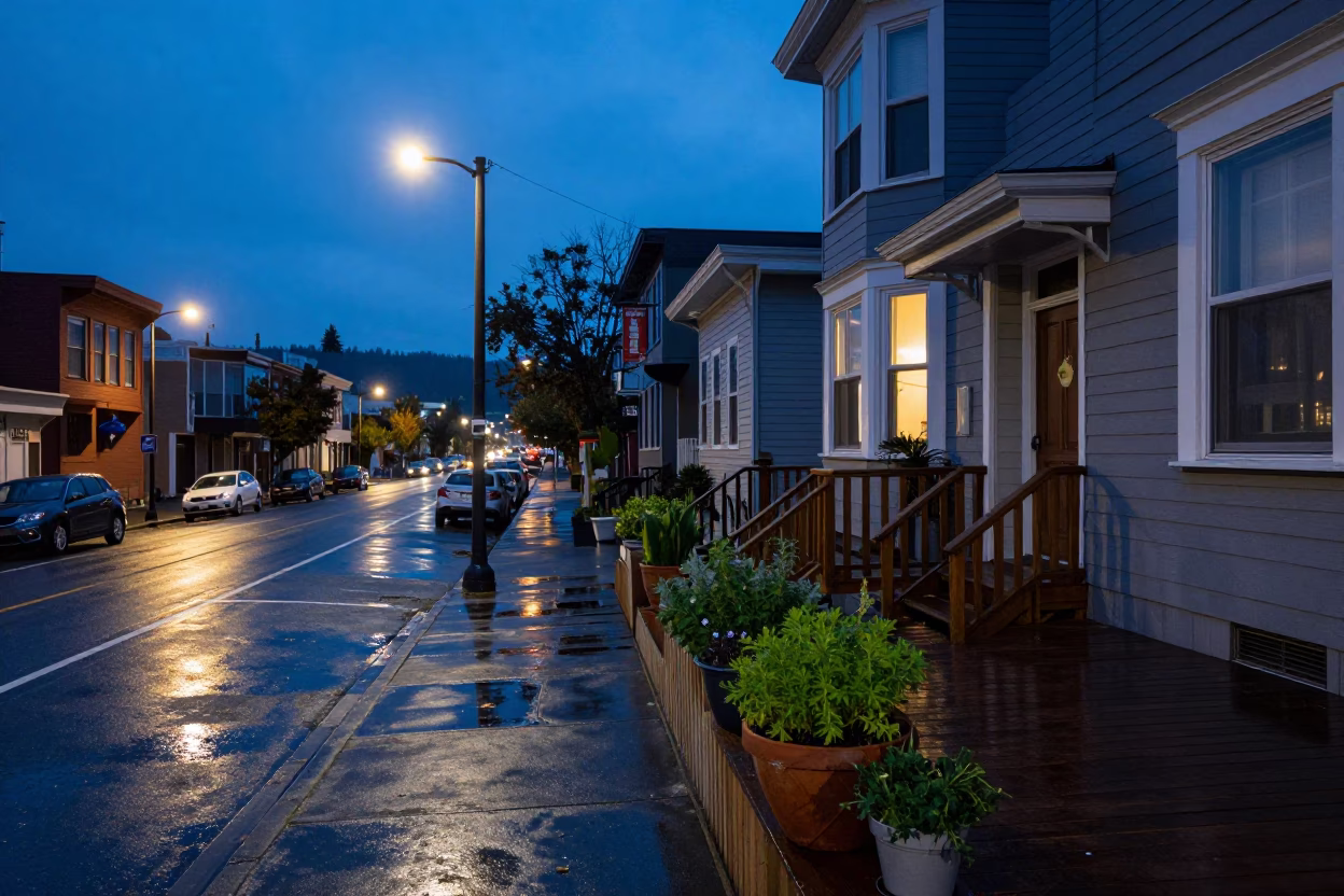 Blue Hour on Street Scene in Portland in in Portland, Oregon, United States