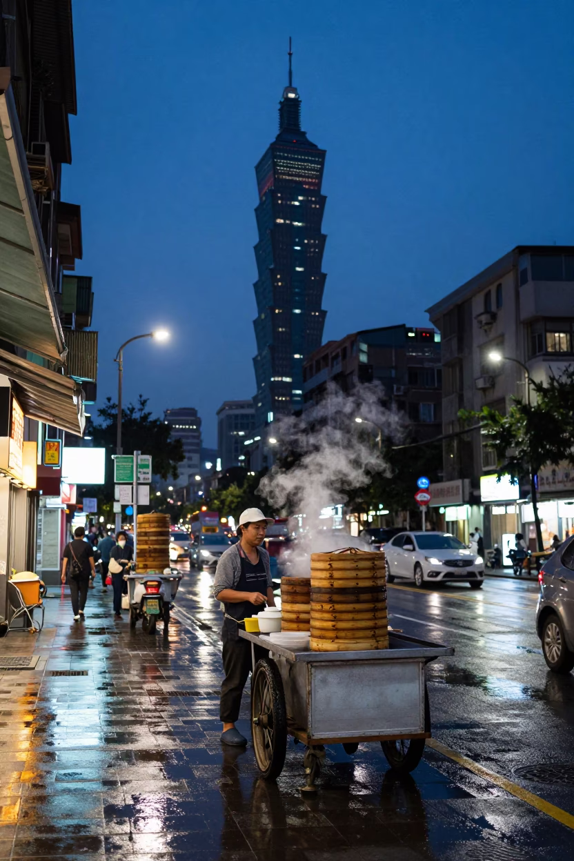Blue Hour on Street Scene in Taipei in in Taipei, Taiwan