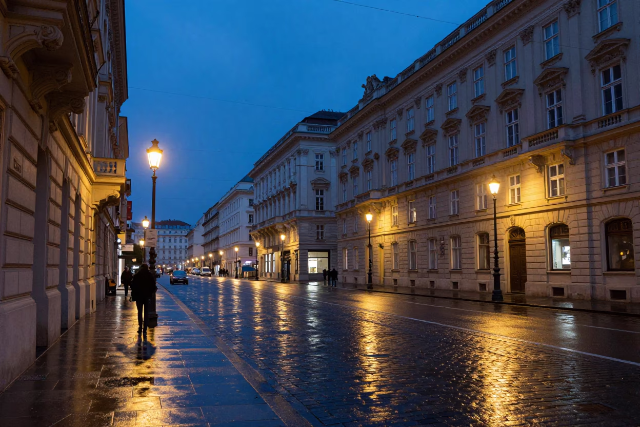 Blue Hour on Street Scene in Vienna in in Vienna, Austria