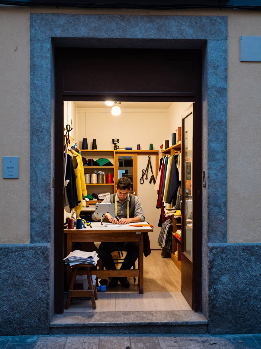 Blue Hour on Traditional Sewing Shop in Madrid in in Madrid, Spain