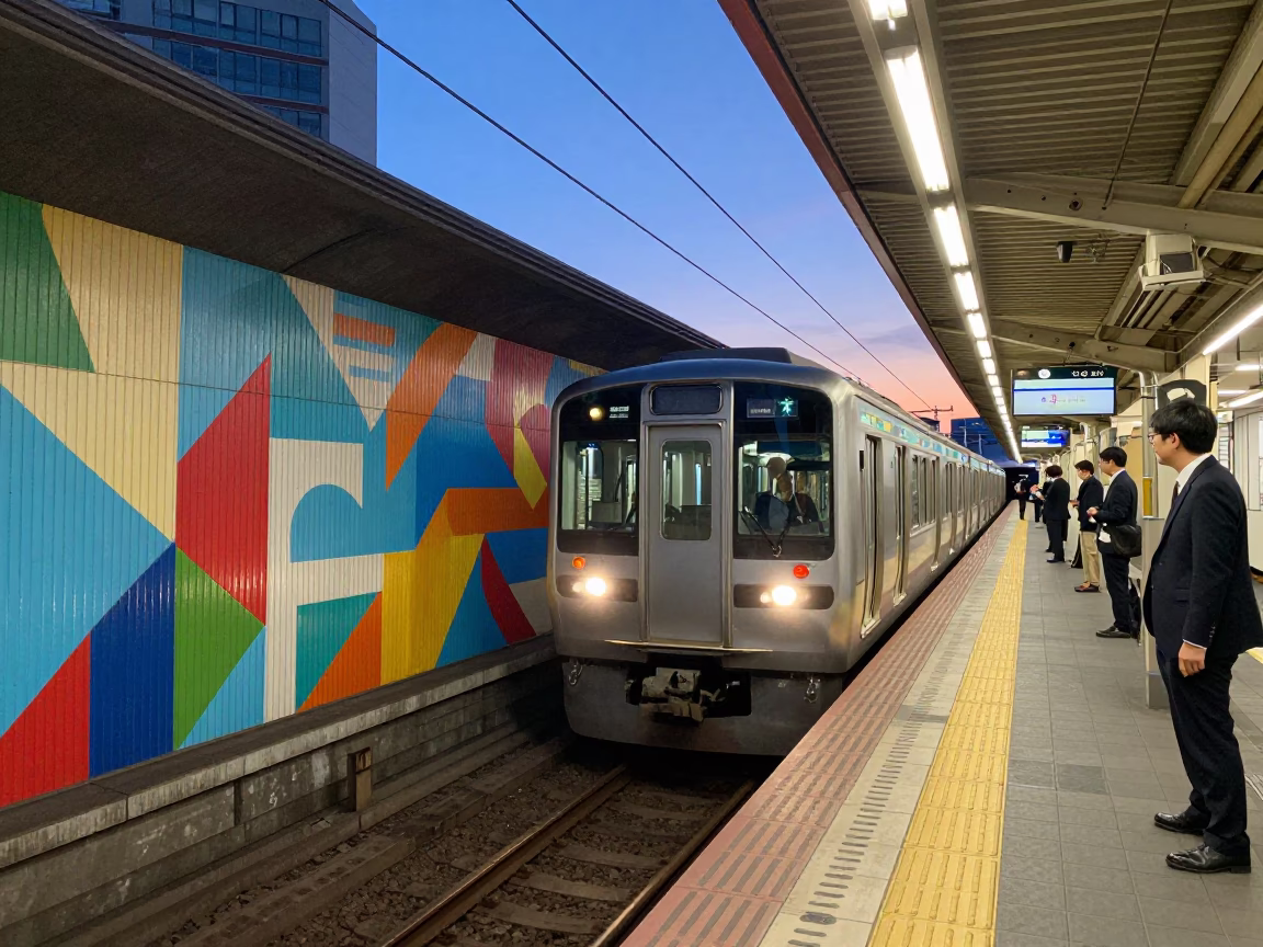 Blue Hour on Train Arriving in Tokyo in in Tokyo, Japan