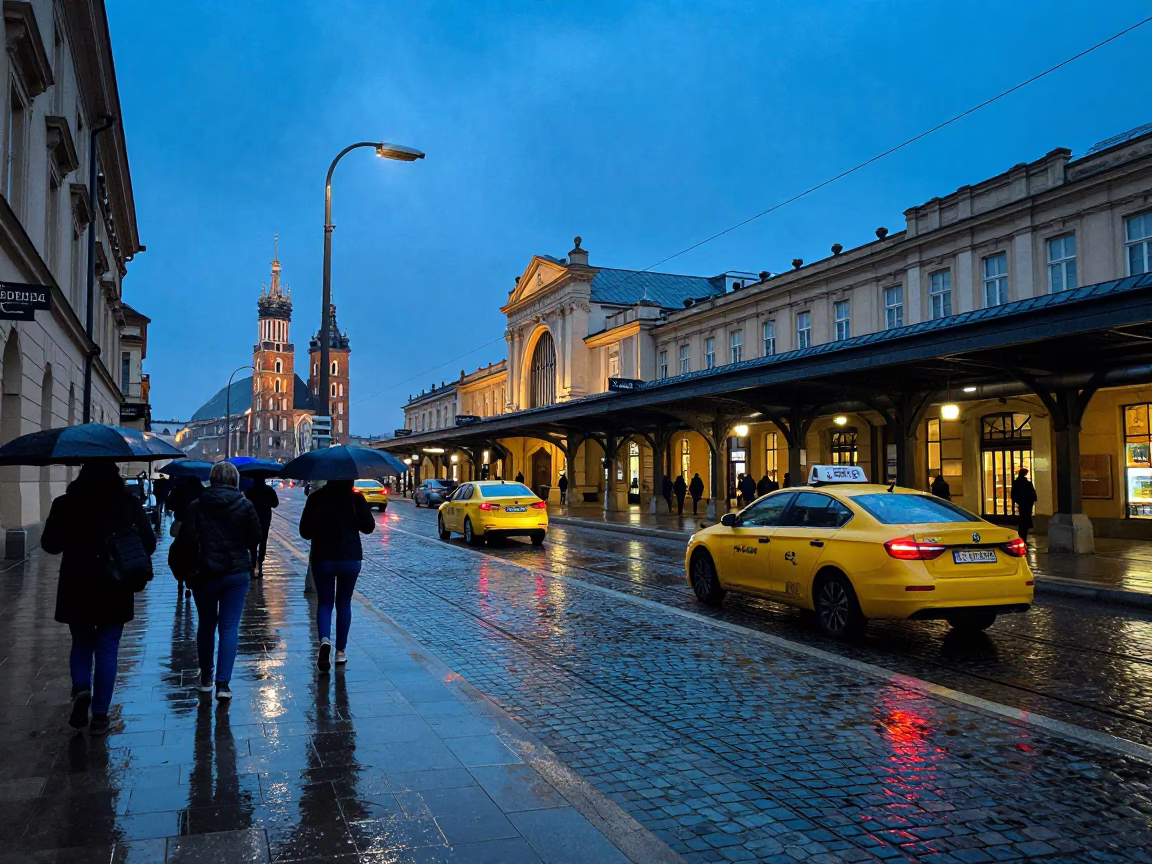 Blue Hour on Train Station in Krakow in in Krakow, Poland