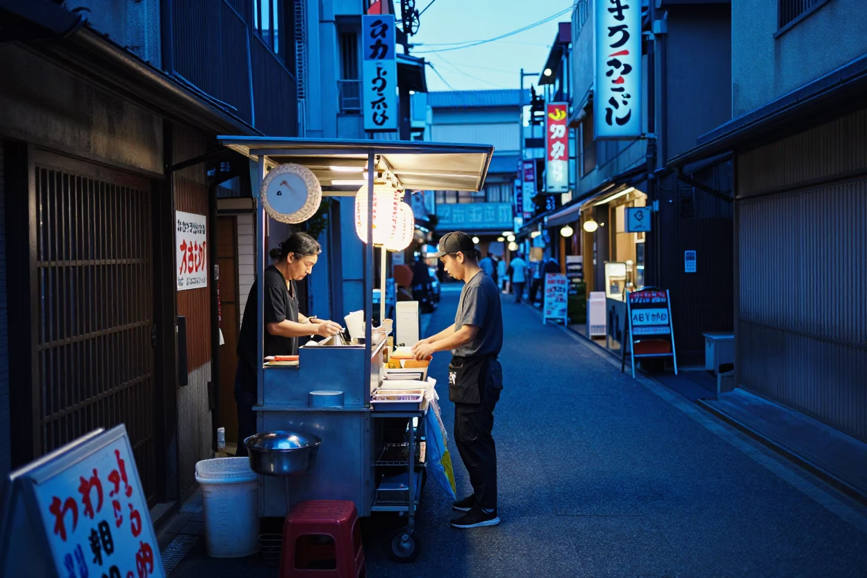 Blue Hour on Vendor in in Osaka, Japan