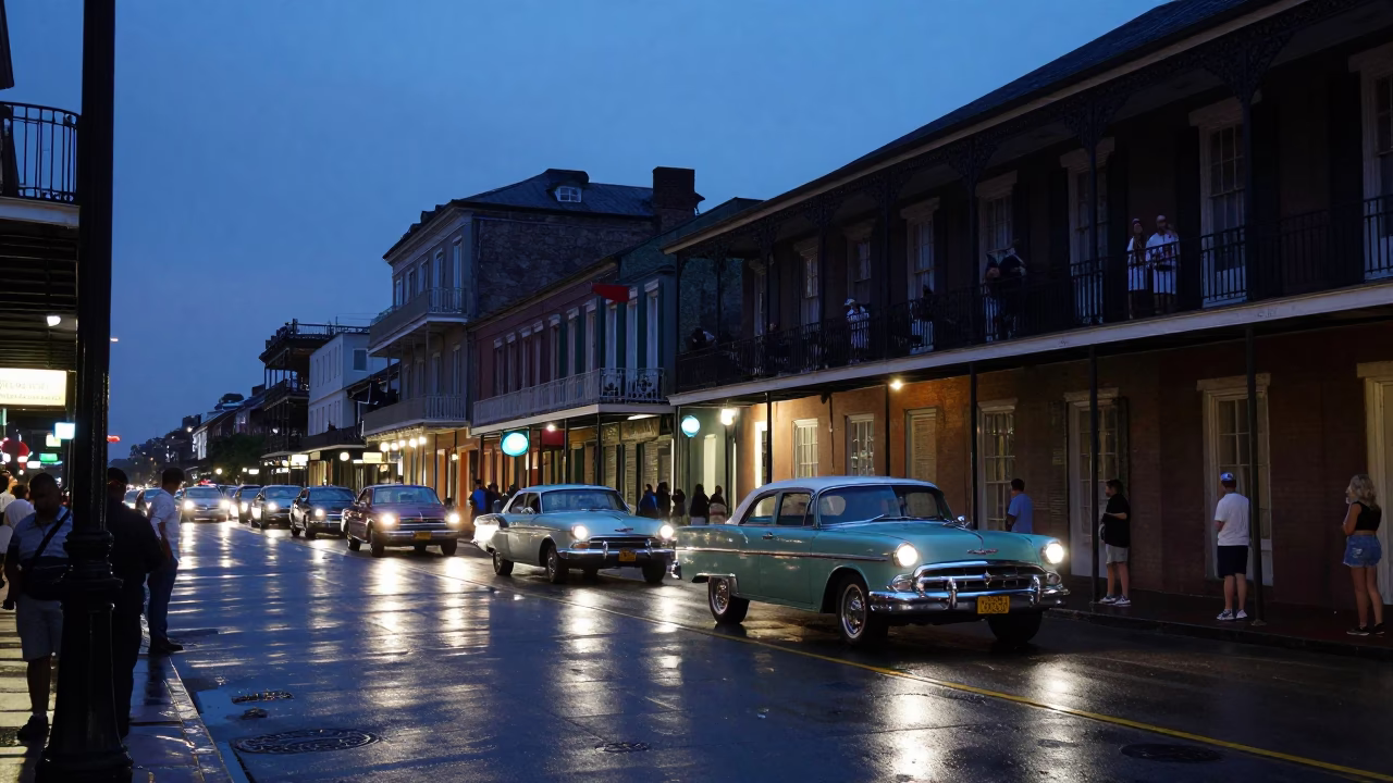 Blue Hour on Vintage Car Rally in New Orleans in in New Orleans, Louisiana, United States