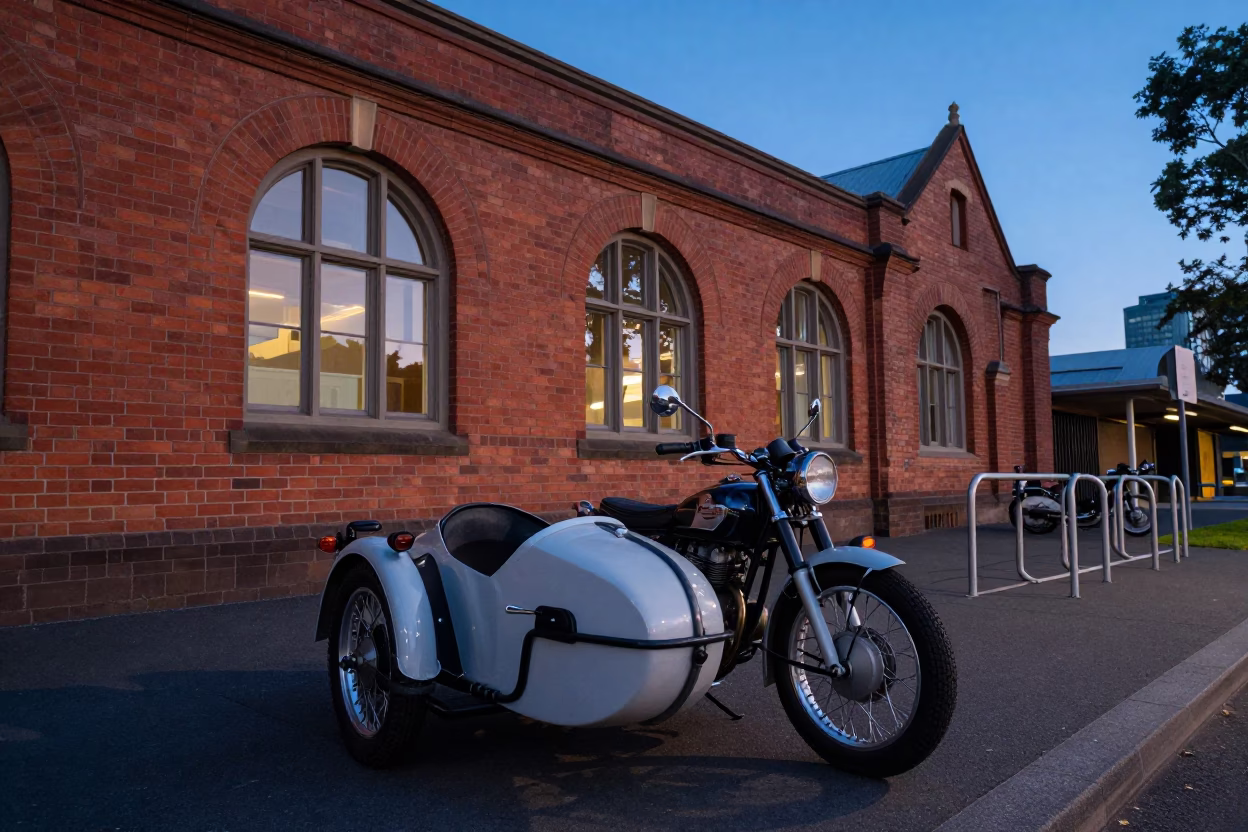 Blue Hour on Vintage Motorcycle in Melbourne in in Melbourne, Victoria, Australia