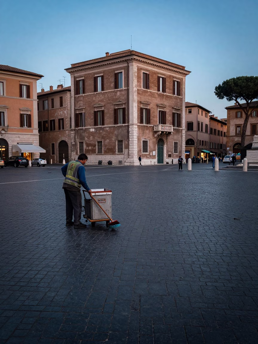 Blue Hour on Worker in in Rome, Italy