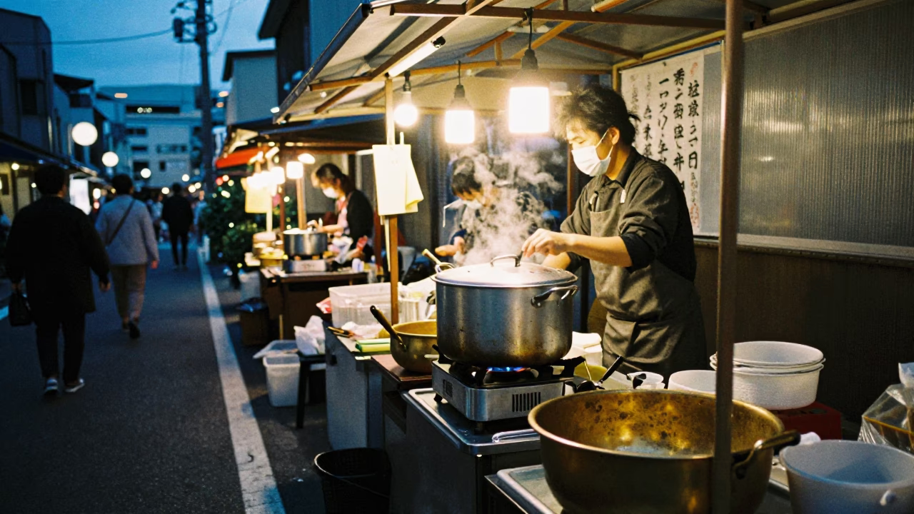 Blue Hour Osaka Street Scene with Cooking Pot and Brass Basin Reflections in in Osaka, Japan