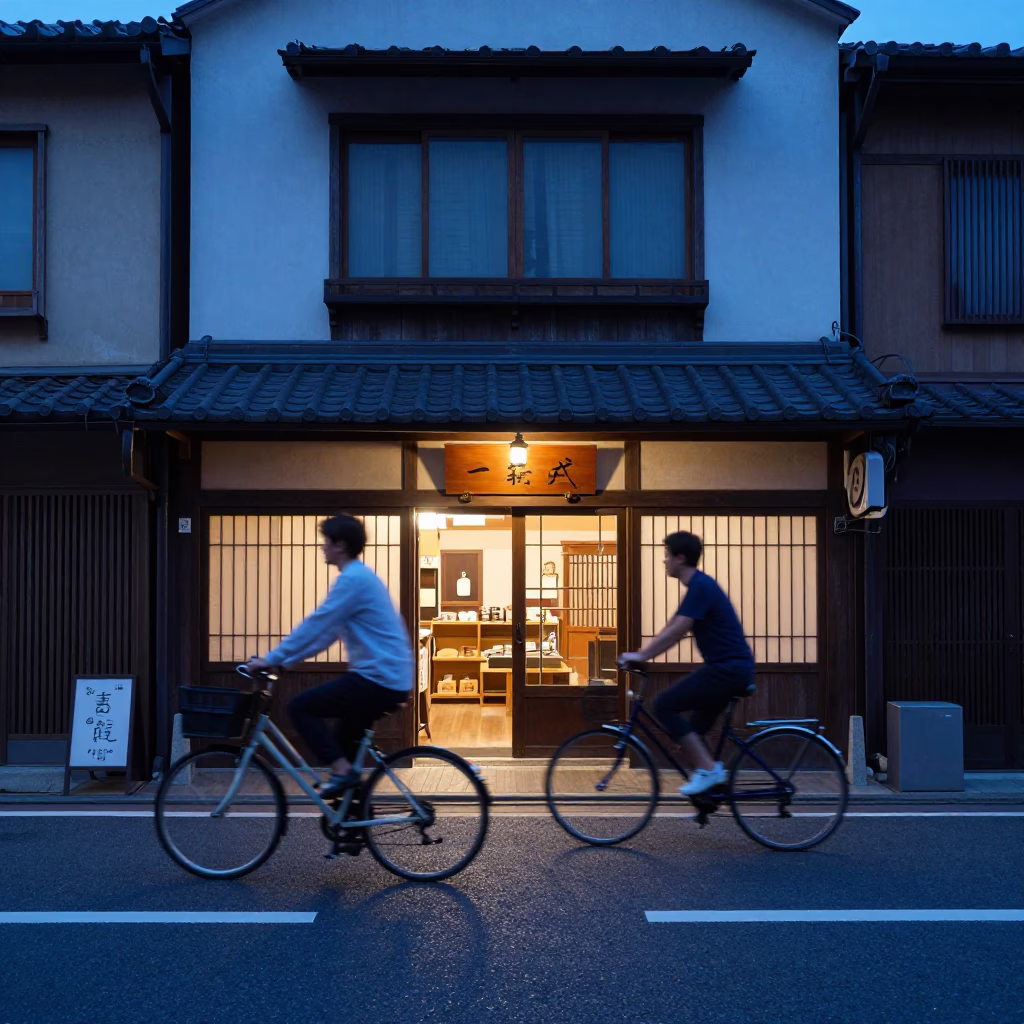 Blue Hour Osaka Street Scene with Cyclist Passing Traditional Shopfront in in Osaka, Japan