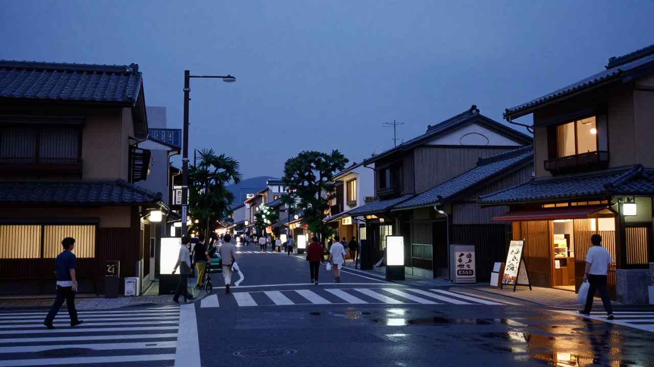 Blue Hour Osaka Street Scene with Neon Reflections and Local Life in in Osaka, Japan