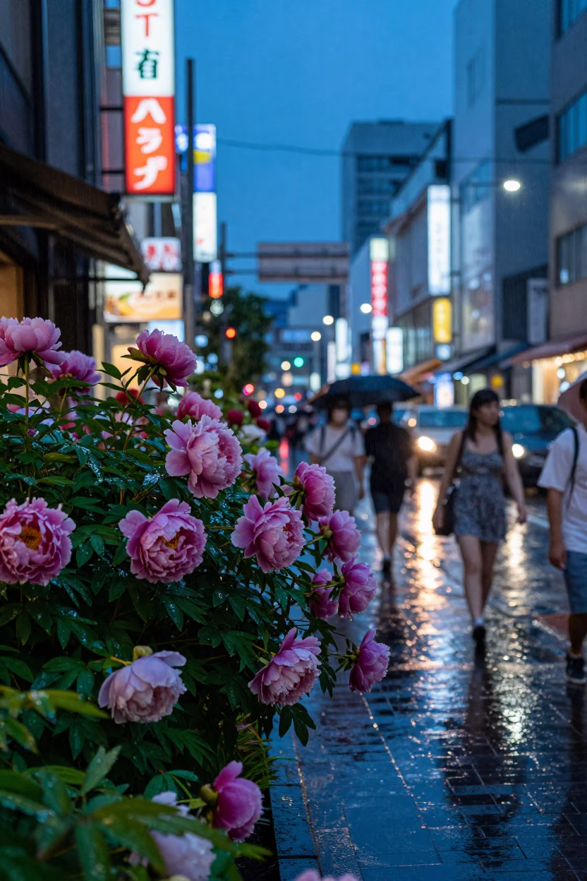 Blue Hour Osaka Street Scene with Rain Wet Flowers and Neon Lights in in Osaka, Japan
