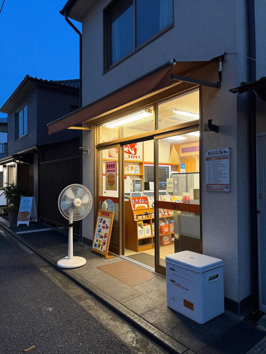 Blue Hour Osaka Street Scene with Table Fan and Storage Tin in in Osaka, Japan