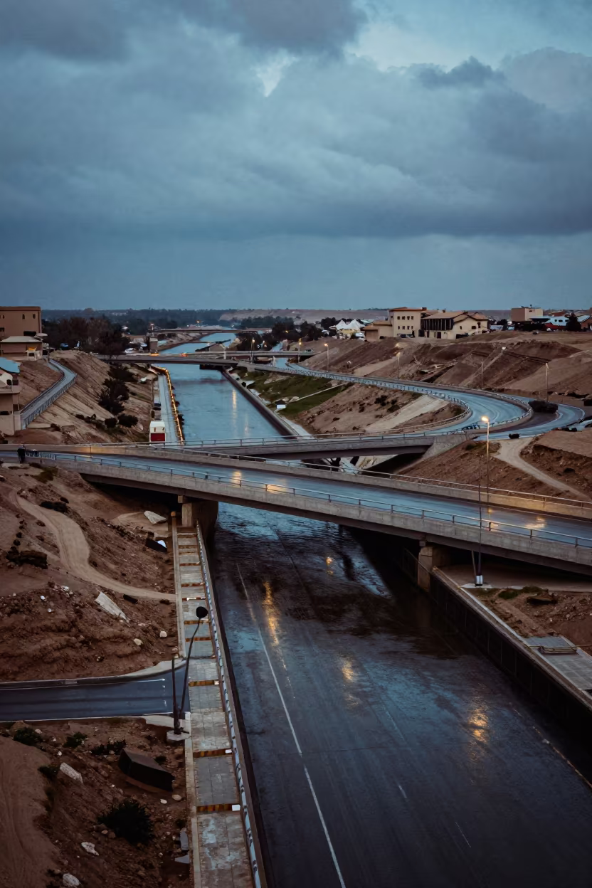Blue Hour Overpass Web Glowing Above Canal Lock in at a canal lock chamber in Duhok