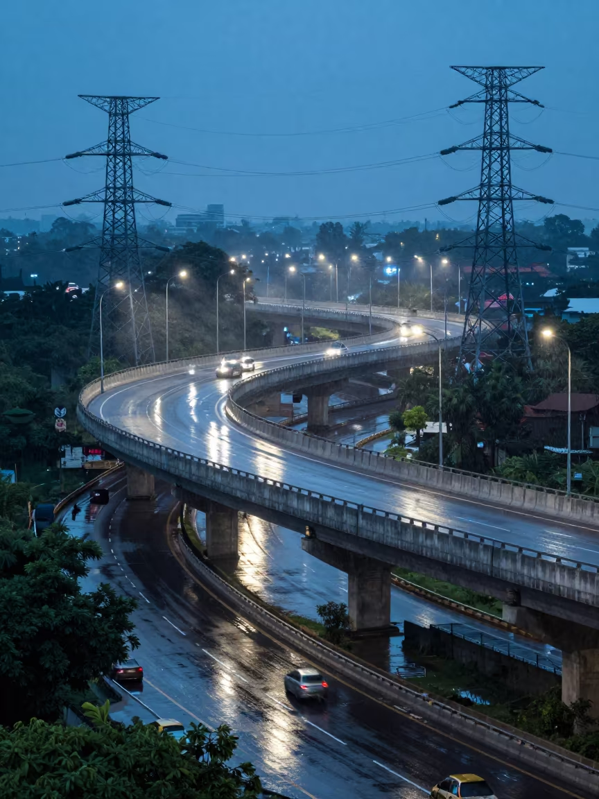 Blue Hour Overpass Web Above Wet Asphalt Near Pune in beneath transmission towers near Pune