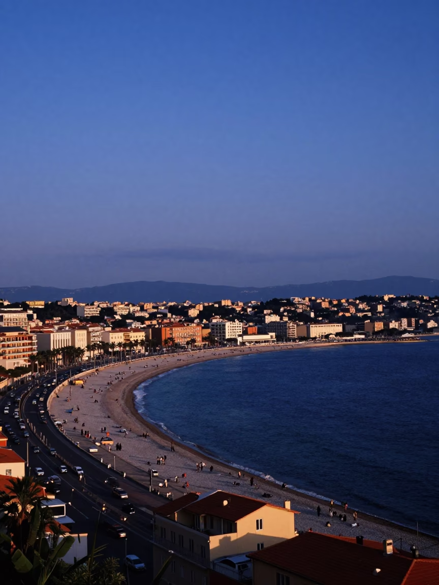 Blue Hour Panorama of Nice France Coastline with Vintage 1980s Aesthetic in in Nice, France