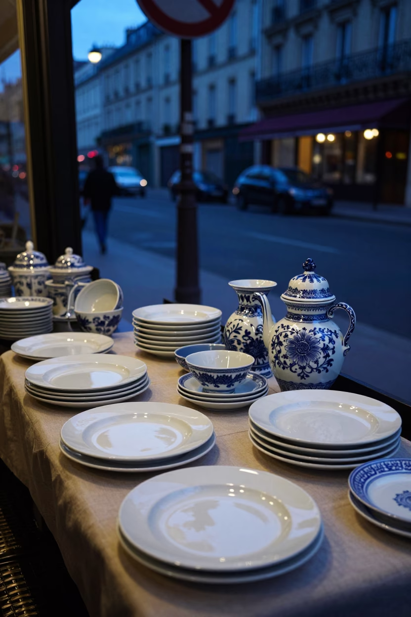 Blue Hour Paris Street Scene with Blue White Porcelain and Linen Fringe in in Paris, France