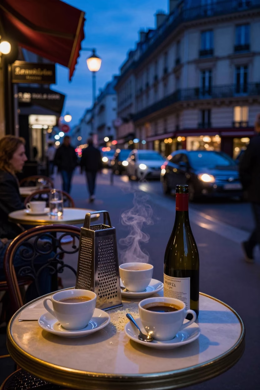 Blue Hour Paris Street Scene with Café Grater and Soap Residue on Bottle Neck in in Paris, France