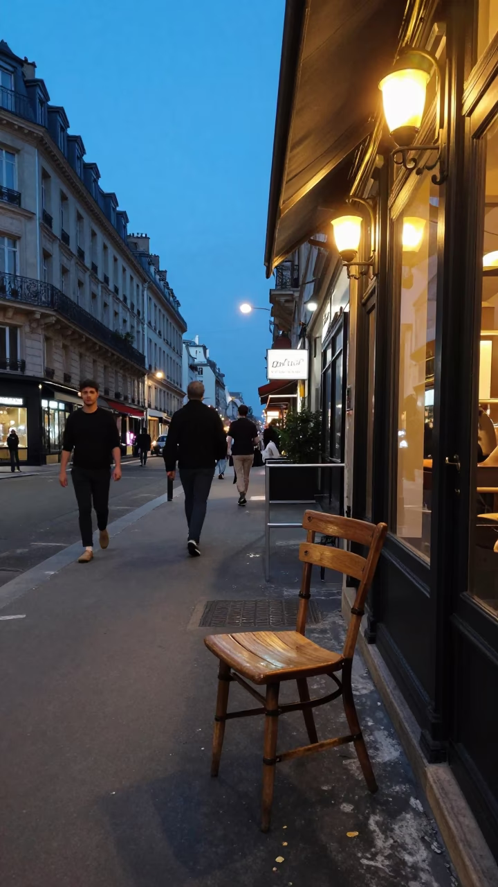 Blue Hour Paris Street Scene with Chair and Window Light in in Paris, France