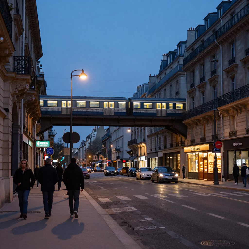 Blue Hour Paris Street Scene with Commuter Train Bridge and Bakery Bicycle in in Paris, France