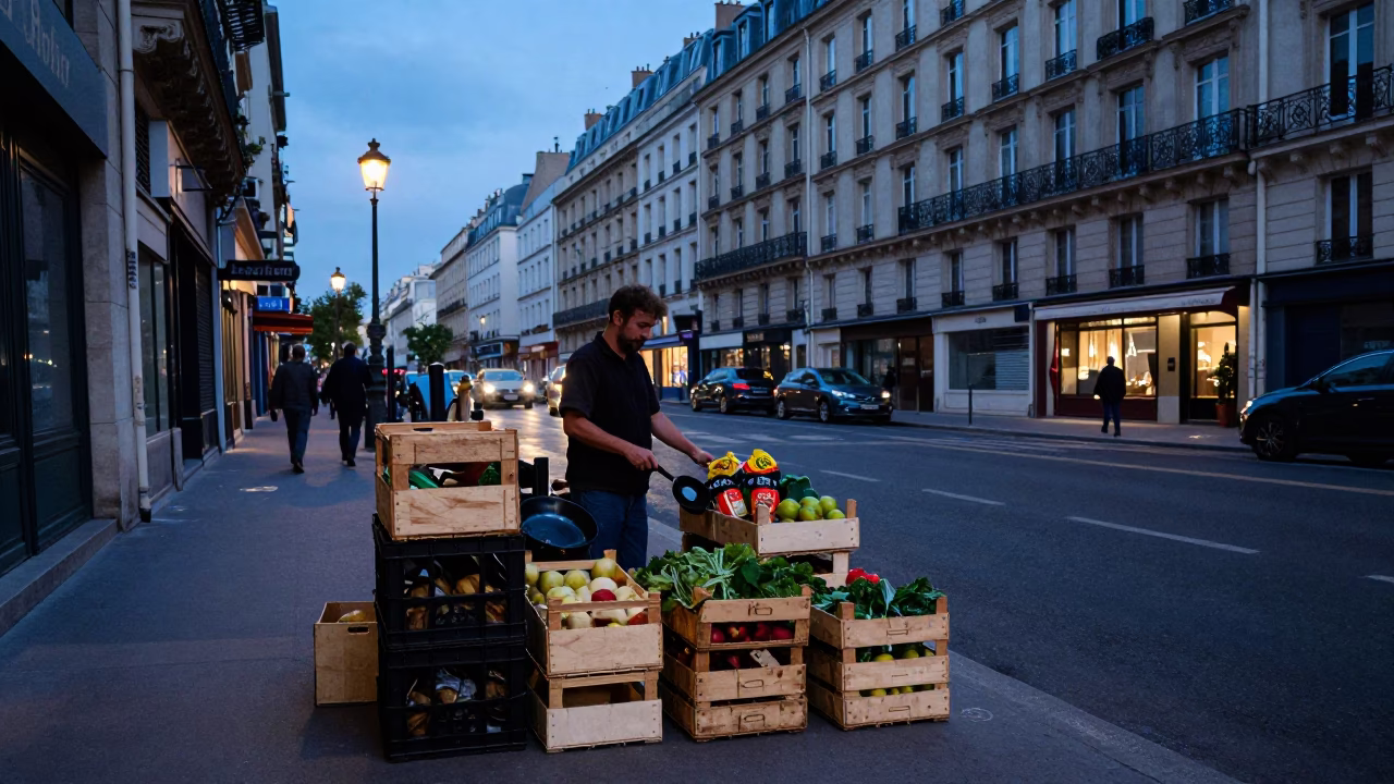 Blue Hour Paris Street Scene with Crates and Skillet in in Paris, France