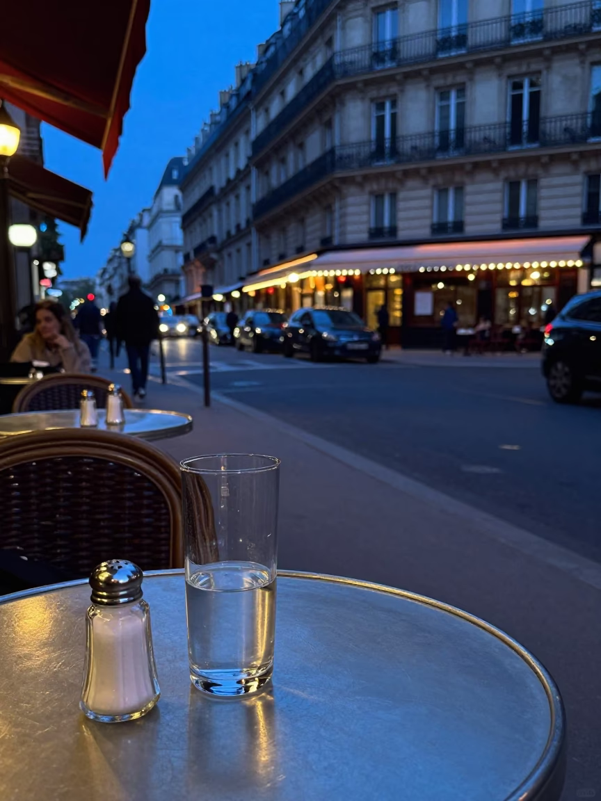 Blue Hour Paris Street Scene with Glass Vase and Salt Shaker on Cafe Table in in Paris, France